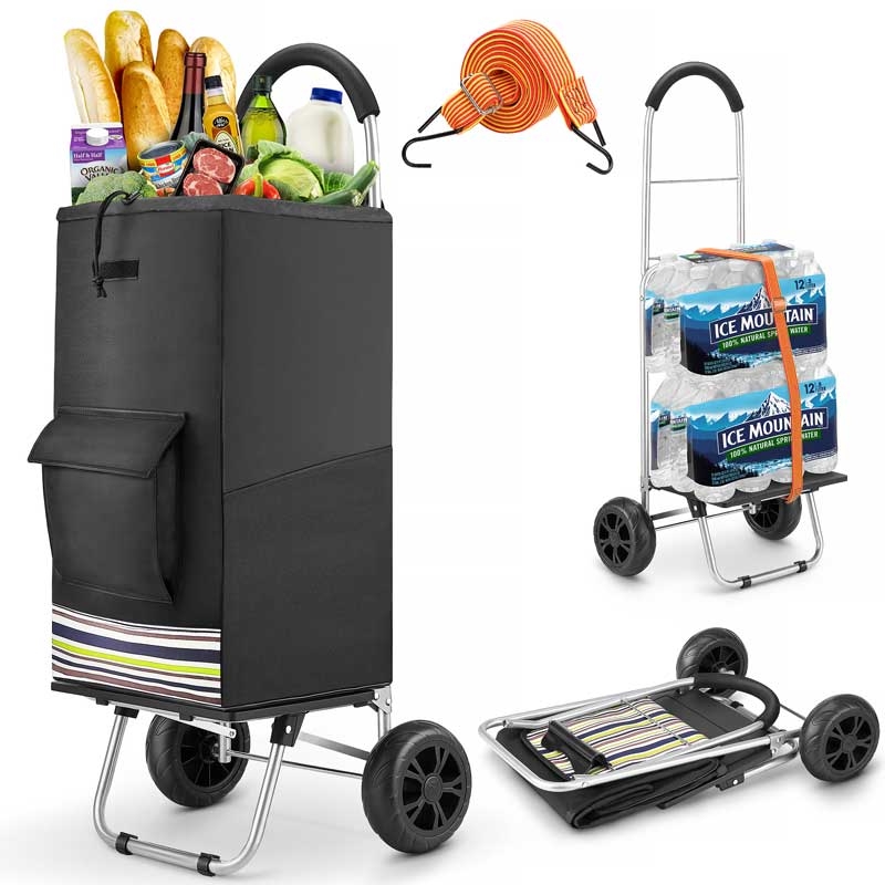Shopping Cart, Super Loading Grocery Cart 220 lbs Capacity Grocery Shopping Foldable Cart with Extra Large Black Shopping Bag Portable Grocery Cart With Adjustable Bungee Cord 