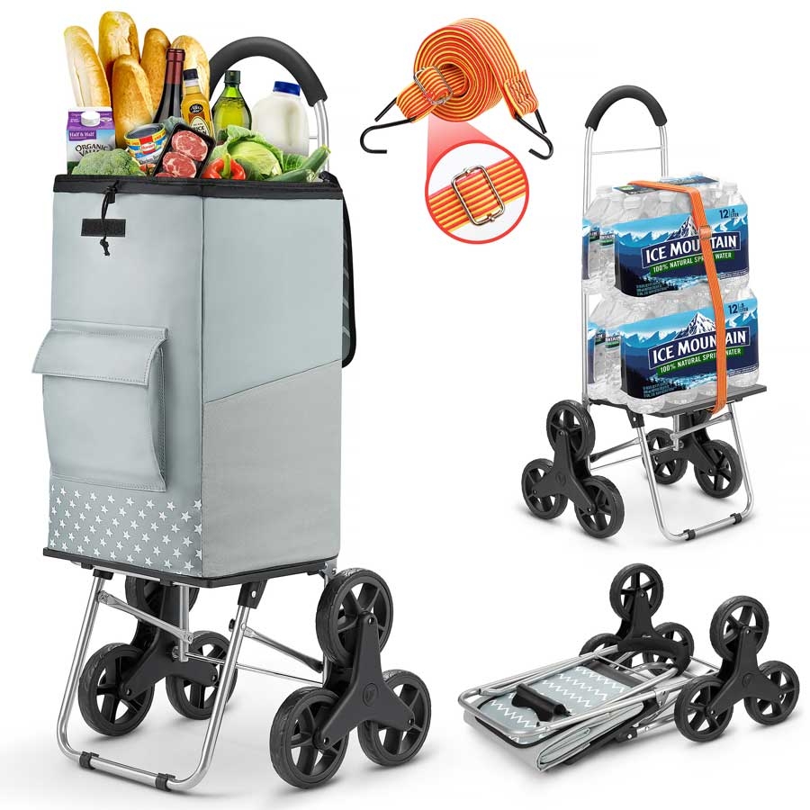 Shopping Cart, Heavy Duty Stair Cart 220 lbs Capacity Grocery Cart with Grey Large Shopping Bag Folding Shopping Cart with Adjustable Bungee Cord